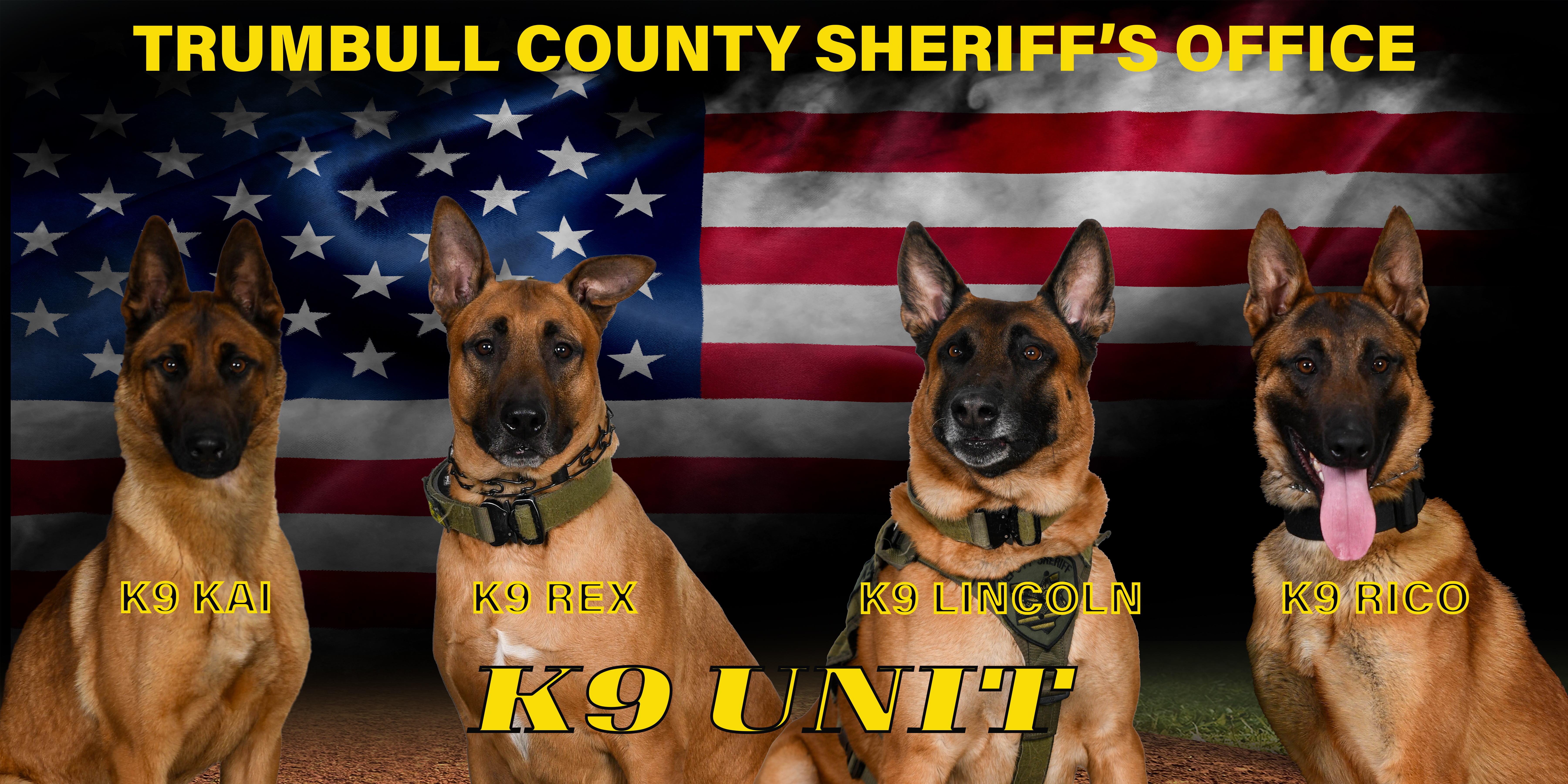 Trumbull County Sheriff’s Office K-9 Unit banner showing four K-9 deputies